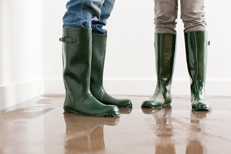 Two landlords wearing gumboots standing in a room that has flooded